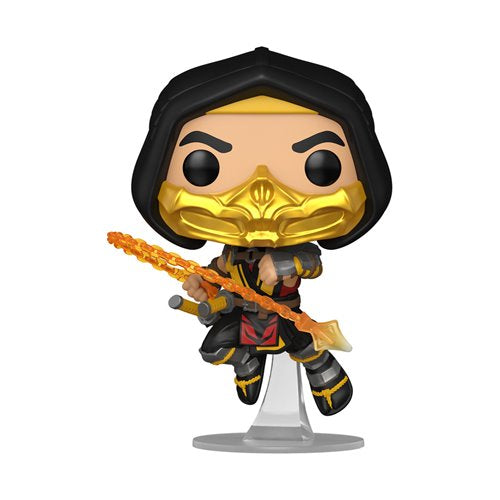 Scorpion Funko Pop! figure from Mortal Kombat 11 in mid-air pose with golden mask and flaming spear.