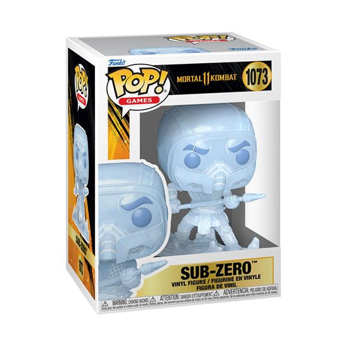 Boxed Sub-Zero Funko Pop! figure from Mortal Kombat 11 in frosted translucent variant.
