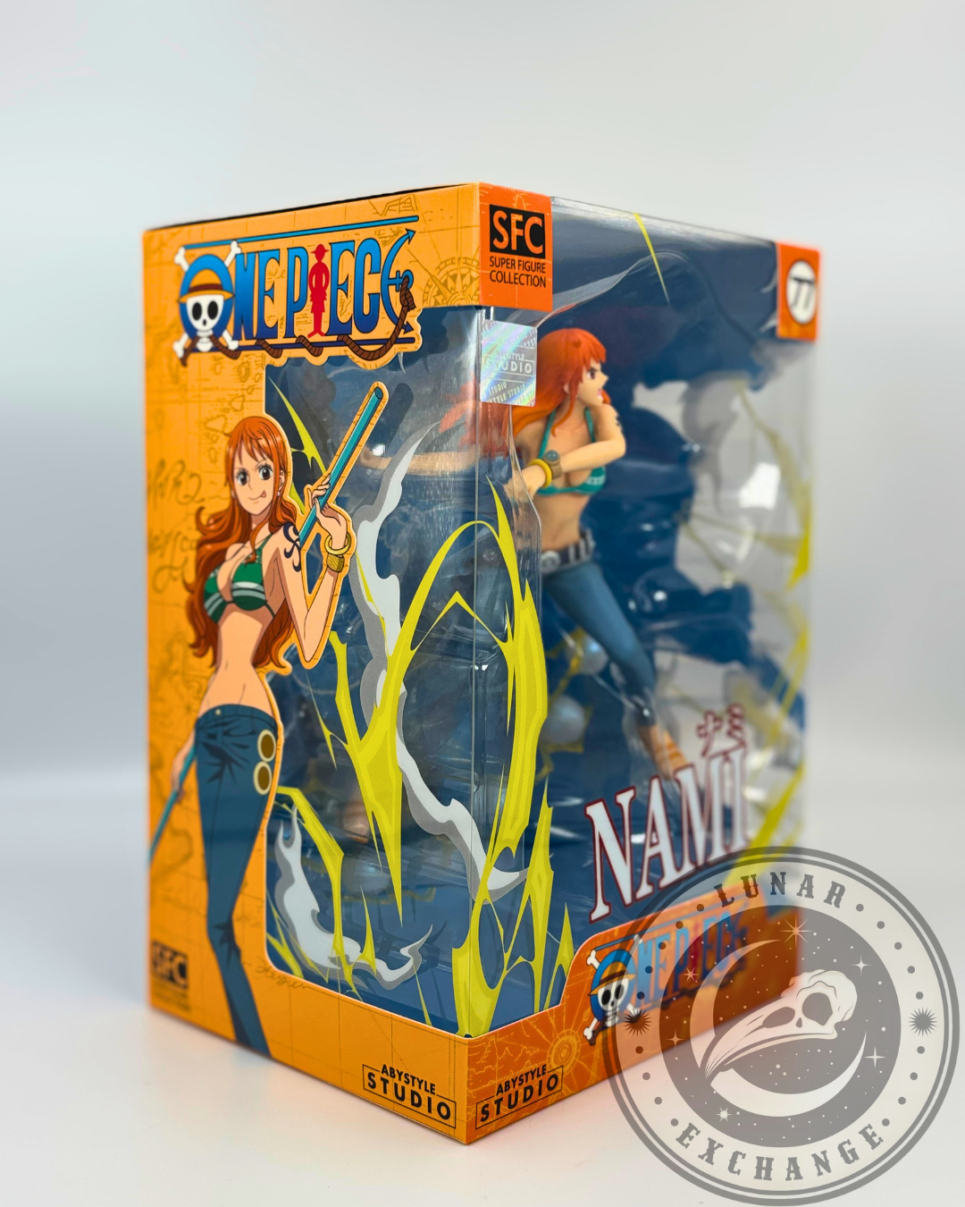 Angled front-right view of the Nami figure packaging, highlighting the character’s dynamic pose and bold One Piece branding.