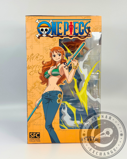 Side of the packaging with anime artwork of Nami holding her staff, styled against an orange map-themed background with One Piece logo.