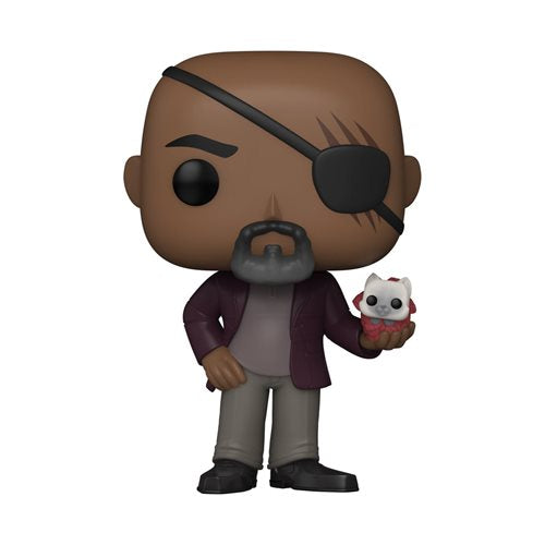 Loose Funko Pop! of Nick Fury holding Goose the Flerken, with eyepatch and maroon jacket, from Marvel Studios' The Marvels