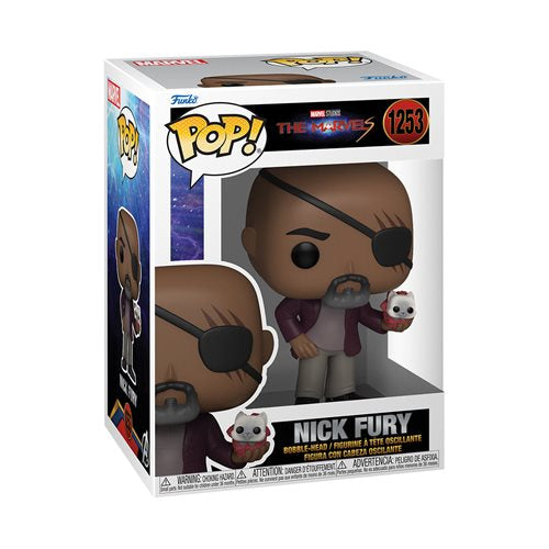 Boxed Funko Pop! of Nick Fury with Goose the Flerken from The Marvels, number 1253 in the Marvel series.