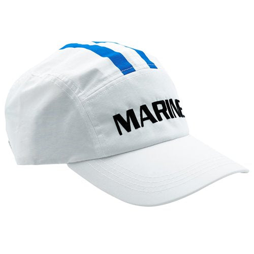 White One Piece Marine cap with bold black “MARINE” text and blue stripes, shown at an angle.