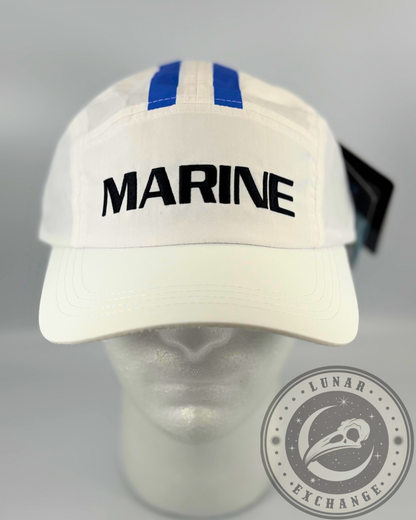 One Piece Marine cap displayed on a mannequin head, featuring “MARINE” text and Lunar Exchange watermark.