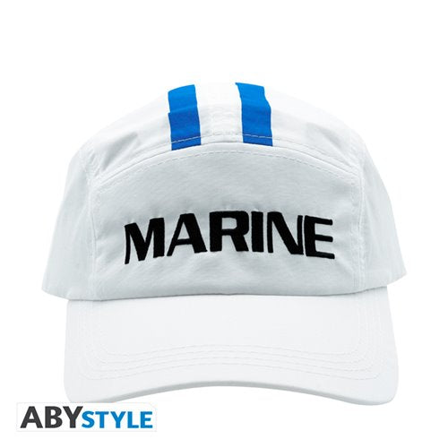 Front view of the One Piece Marine hat showing the “MARINE” lettering and blue racing stripes.