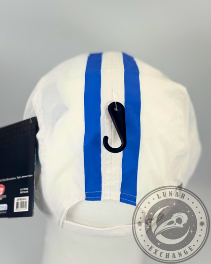 Rear angle of the Marine cap showing hanging hook and vertical blue stripes with retail tags attached.