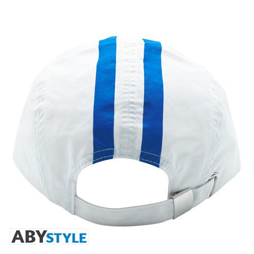 Back of the One Piece Marine cap with adjustable strap and dual blue stripes running down the center.