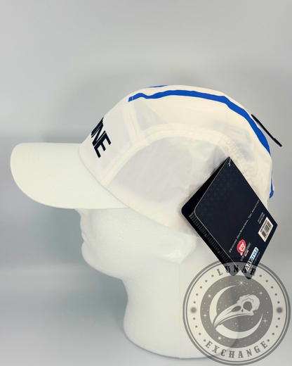 Side view of the One Piece Marine cap worn on a mannequin, showing product tags and Lunar Exchange branding.