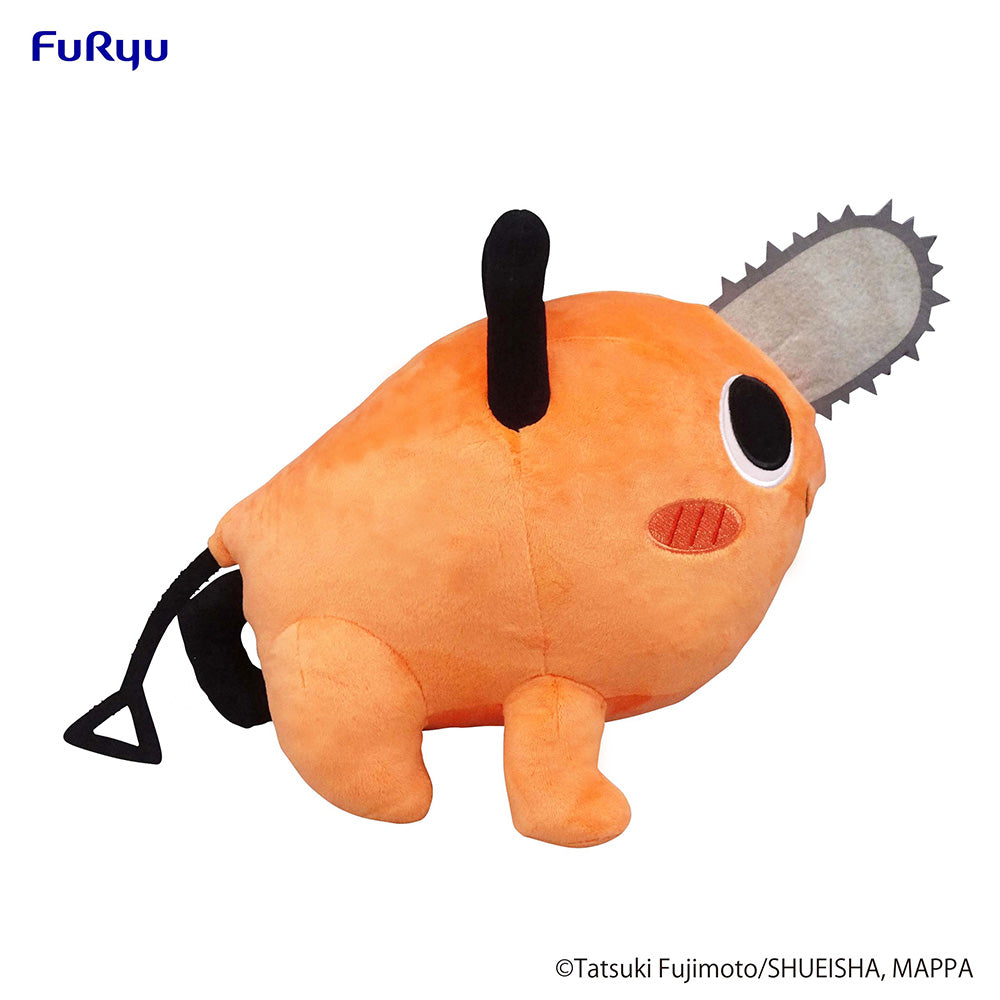 Side view of Pochita Smile Plush showcasing its cute expression and high-quality embroidery.