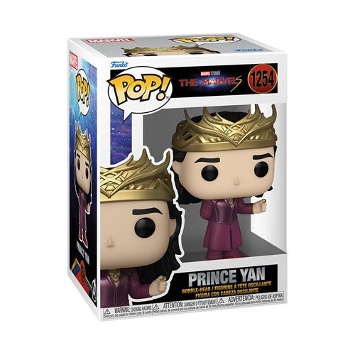 Boxed Funko Pop! of Prince Yan from The Marvels, number 1254 in the series, with detailed crown and outfit.
