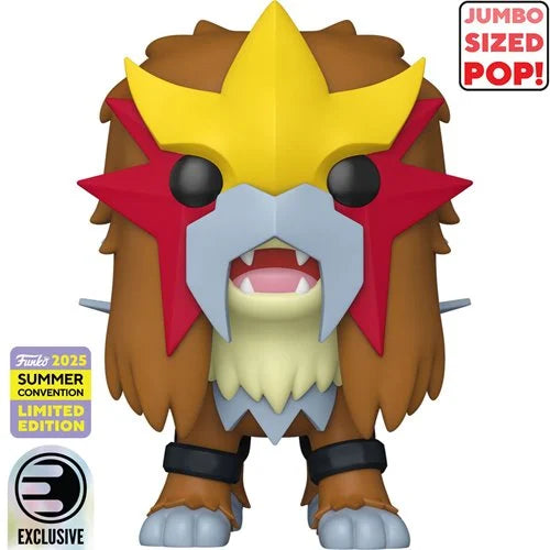 Official promotional image of the Entei Jumbo Funko Pop! #1070 figure, showcasing full frontal view with bright colors, SDCC 2025 Summer Convention Limited Edition and Entertainment Earth Exclusive stickers.