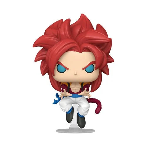 Official Funko Pop! render of Super Saiyan 4 Gogeta #2074 from Dragon Ball GT, showing him mid-air in a dynamic fusion pose with red spiky hair and vibrant detail.