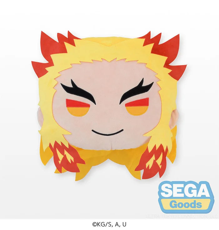 Front view of plush cushion featuring embroidered Rengoku face and two-tone hair.
