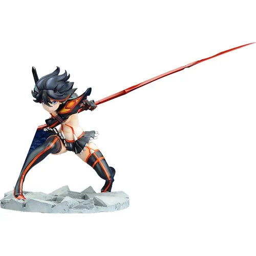 Full view of Ryuko Matoi standing in a wide battle stance with her scissor blade extended, ready to strike.