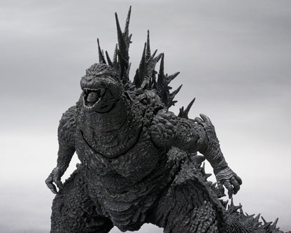 High-angled dramatic view of Godzilla Minus One 2023 with open mouth, highlighting chest and arms mid-pose.