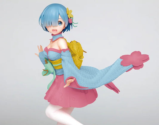 Close-up of Rem’s cheerful expression and pastel yukata details.