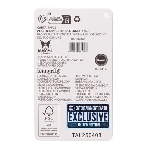 Backside of the official Loungefly tag showing manufacturing details, copyright info, barcode, and Entertainment Earth Exclusive Limited Edition label.