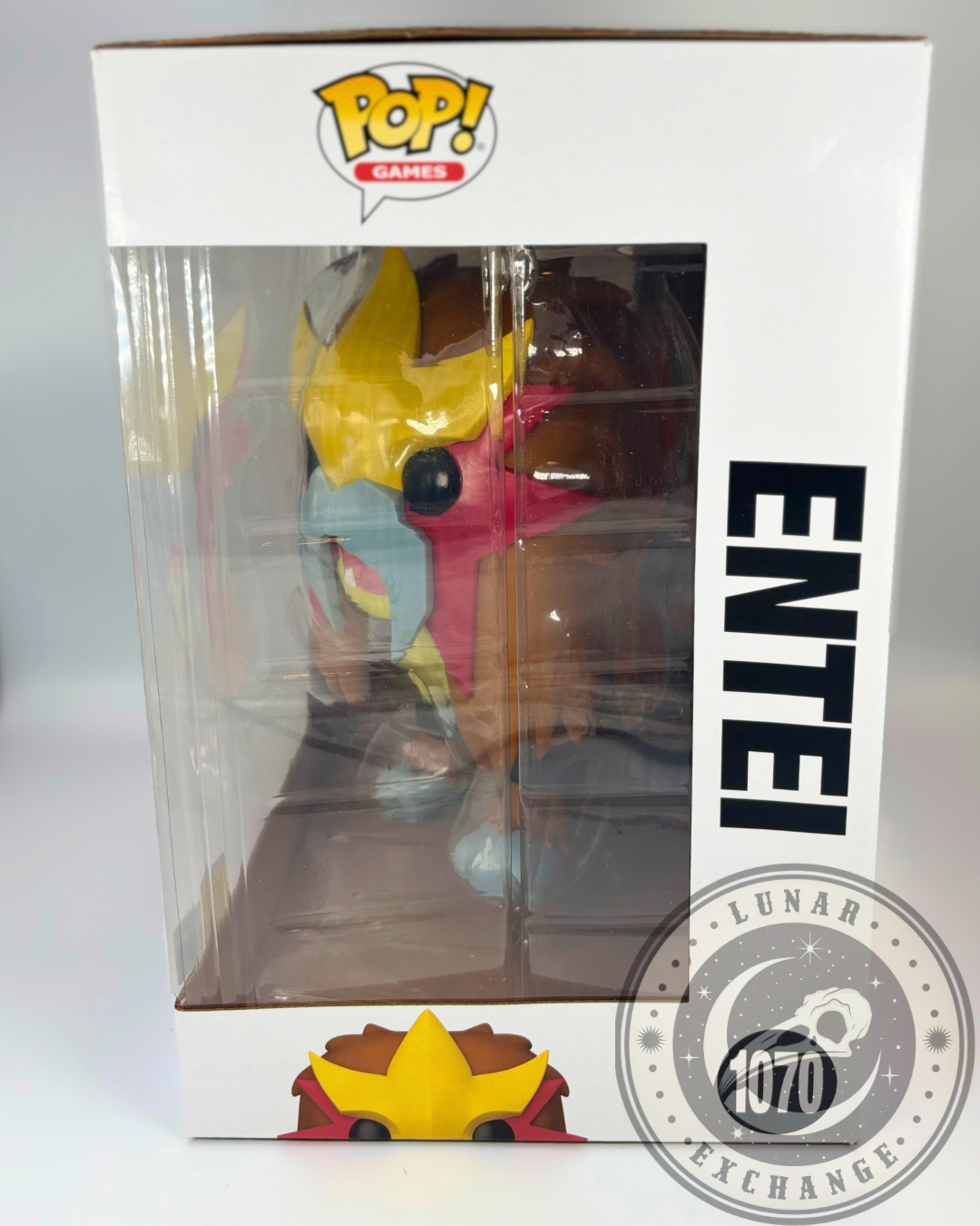 Side view of the Entei Funko Pop! #1070 showing the window display and stylized name panel