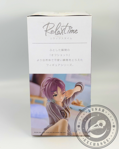 Side of the figure box featuring close-up of Asakawa Touko and Relax Time logo in stylized font.