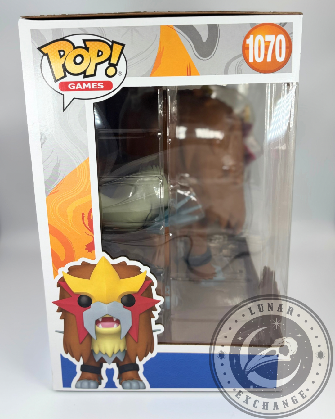 side view of the Entei Jumbo Funko Pop! #1070 box, highlighting the detailed figure silhouette and vibrant artwork.