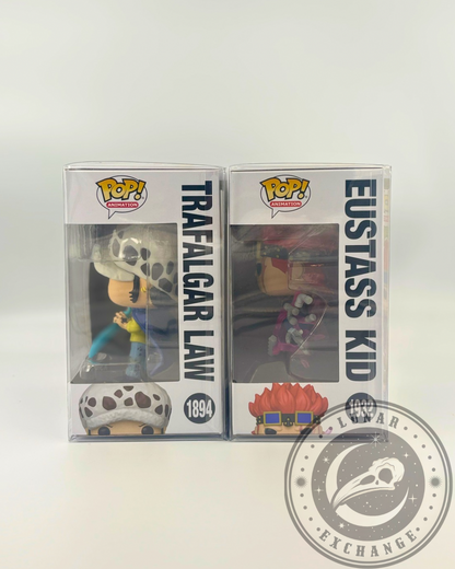 Profile view of boxed Trafalgar Law and Eustass Kid Funko Pop! figures from One Piece, sealed in protectors.