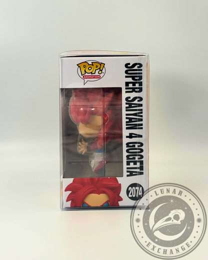Side profile of the Super Saiyan 4 Gogeta #2074 Funko Pop! box showing window view of the figure inside and bold black vertical text along the side panel.