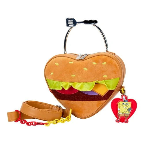 Front view of SpongeBob SquarePants Heart Krabby Patty Plush Crossbody Bag with soft plush fabric and zipper closure.