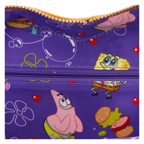 Interior of SpongeBob SquarePants Krabby Patty crossbody bag with zippered compartment for storage.