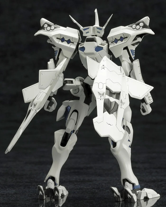 Close-up back view  of Takemikazuchi Type-00A plastic model kit showing white armor details.