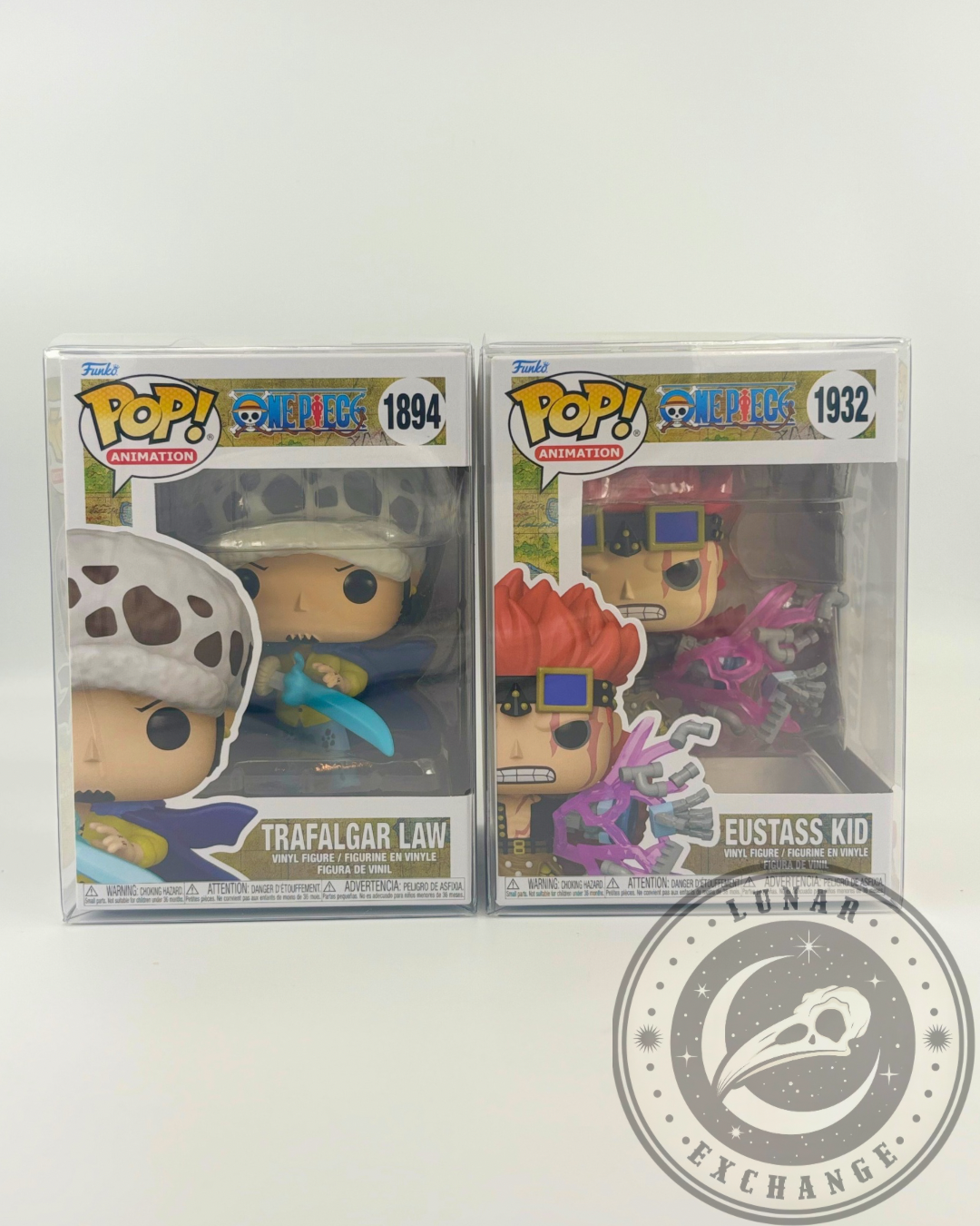 Funko Pop! One Piece Trafalgar Law #1894 and Eustass Kid #1932 in box, side-by-side with Lunar Exchange logo watermark.