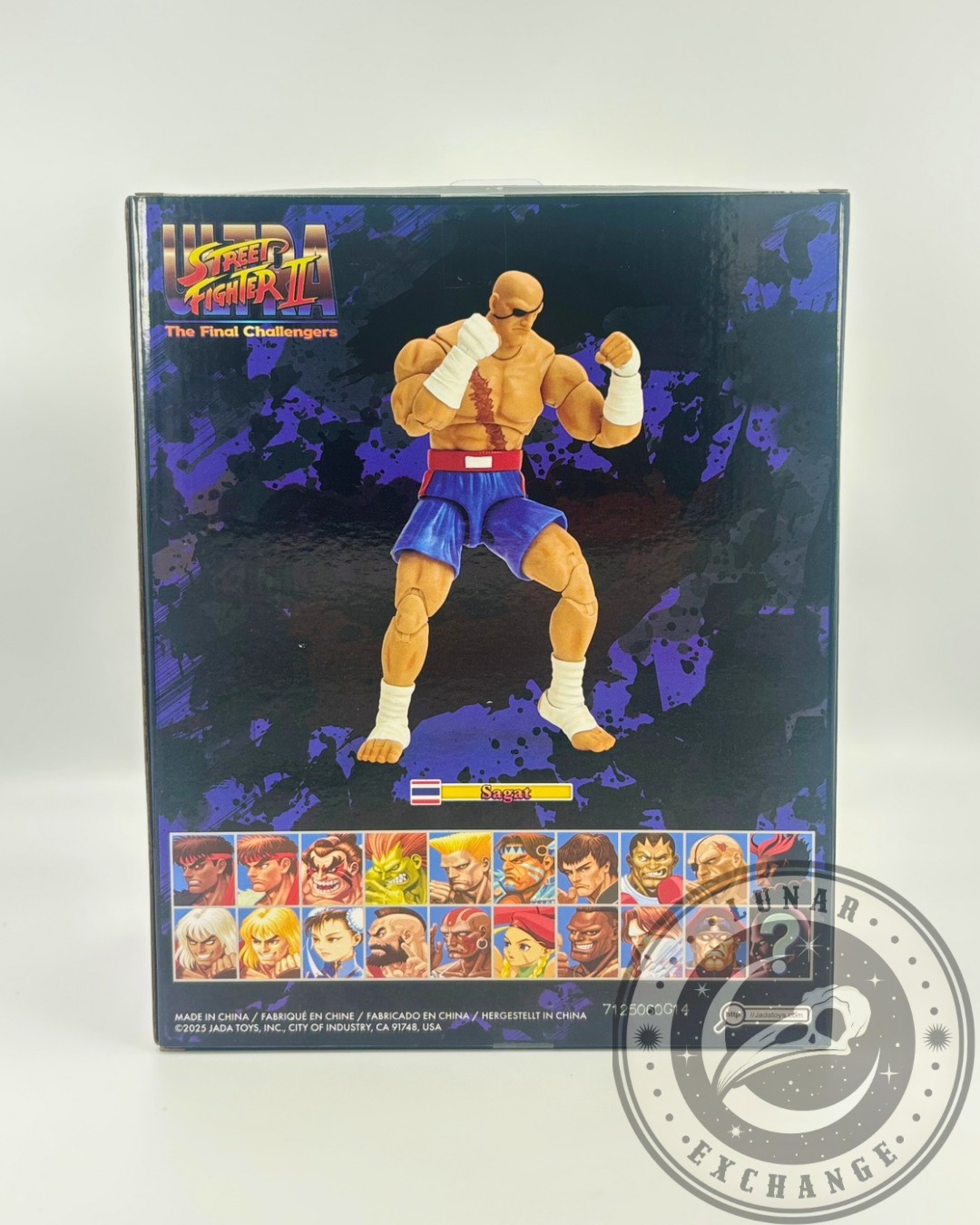 Back of Sagat action figure box showcasing character pose, bio, and full Street Fighter II character roster.