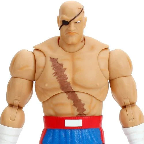 Close-up of Sagat action figure showing detailed facial expression and scar.