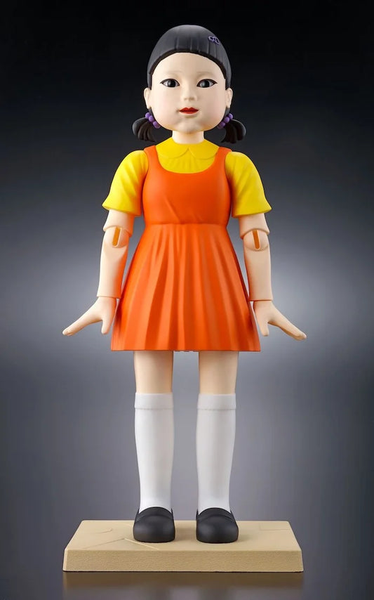 Close-up of Squid Game Young-hee Doll showcasing eerie facial details.