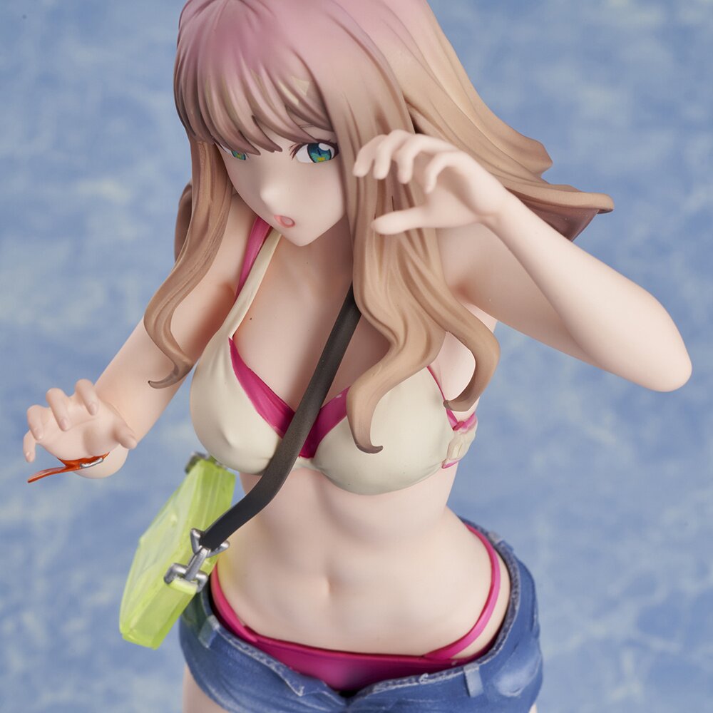 Diagonal close-up of Yume Minami figure showing bikini detail, hair strands, and arm position.
