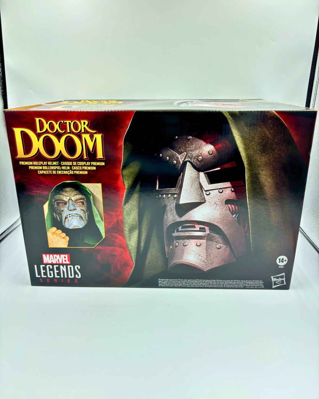 Front of Marvel Legends Doctor Doom premium helmet box