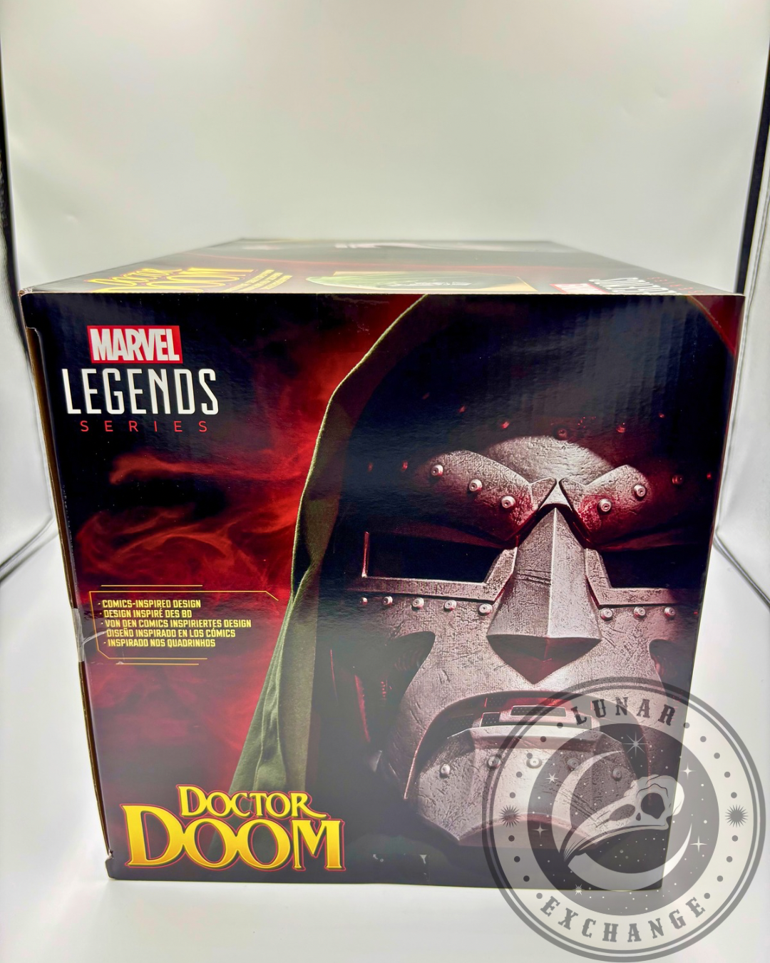 Side panel of box featuring close-up of Doom’s masked face