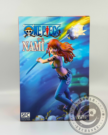 Back of the Nami figure box showing the full illustrated action pose of the figure with a blue background and glowing effects.