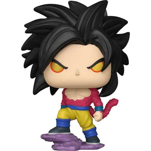 Official promotional render of the Funko Pop! Animation Super Saiyan 4 Goku #2072 from Dragon Ball GT, featuring detailed sculpt, red fur, yellow pants, and purple base.
